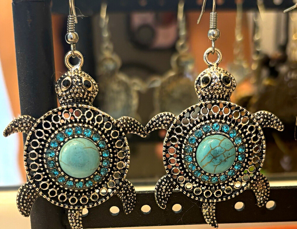 Turtle Dangle/Drop Hook Earrings Silver Tone Metal Blue Turquoise Round Crystal